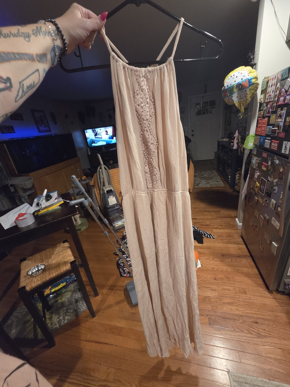 Mossimo Supply Co Boho Crochet Lace Halter Maxi Dress XL Blush Pink Crinkle